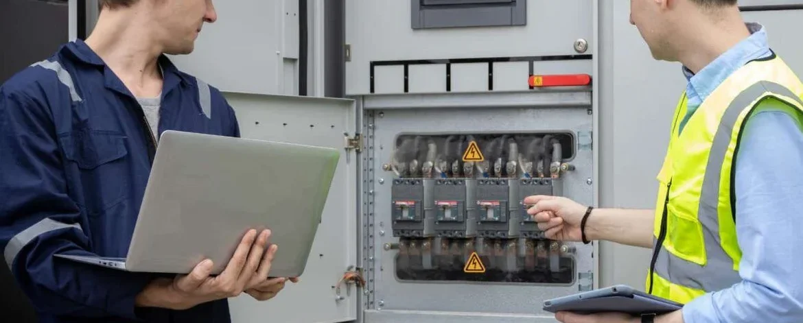 An Indian electrician (ITI) working on a panel in a modern building in Dubai, a job sourced by JobsGlobal.in.