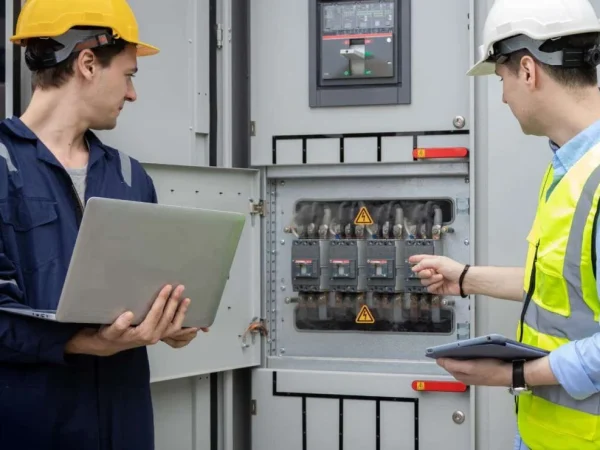 An Indian electrician (ITI) working on a panel in a modern building in Dubai, a job sourced by JobsGlobal.in.