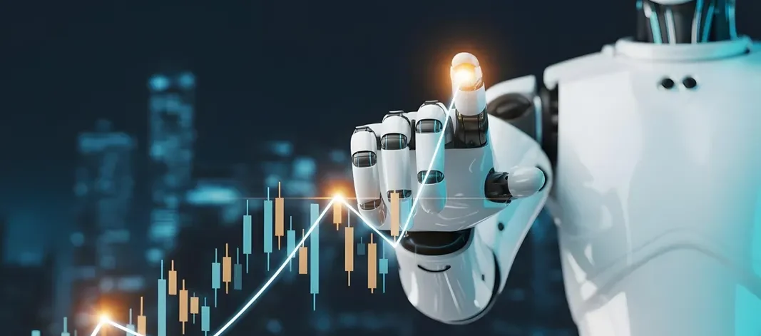 A professional human hand shaking a sleek robotic hand against a digital background, symbolizing collaboration rather than competition.